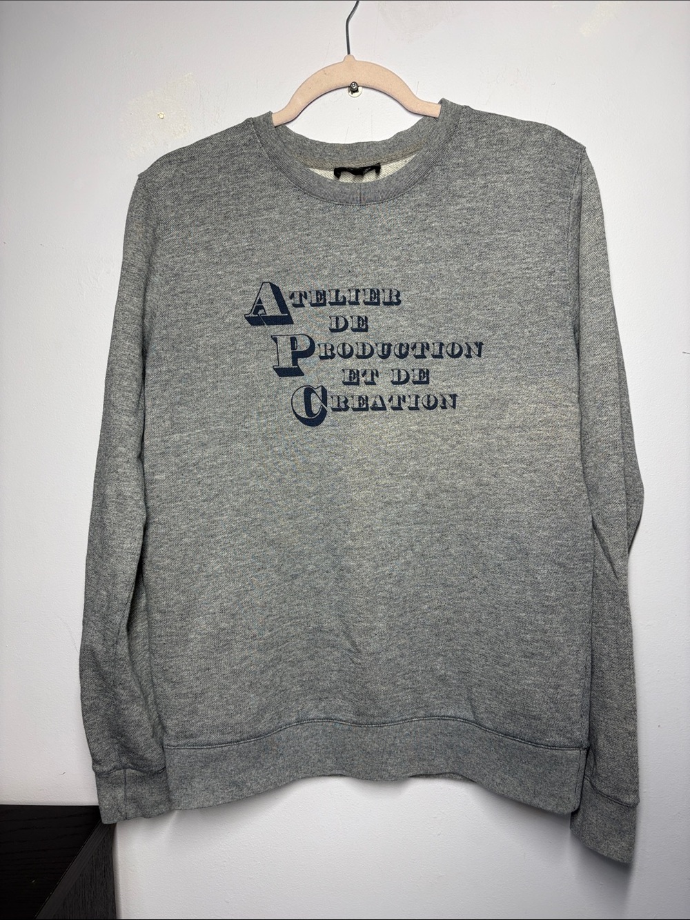 A.P.C. Gray Crewneck Sweatshirt with Navy Logo Print